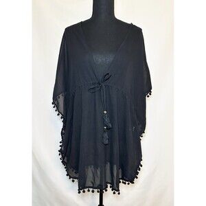 Club Z Collection Black‎ Pom Pom Sheer Swim Cover-Up Short Sleeve MEDIUM